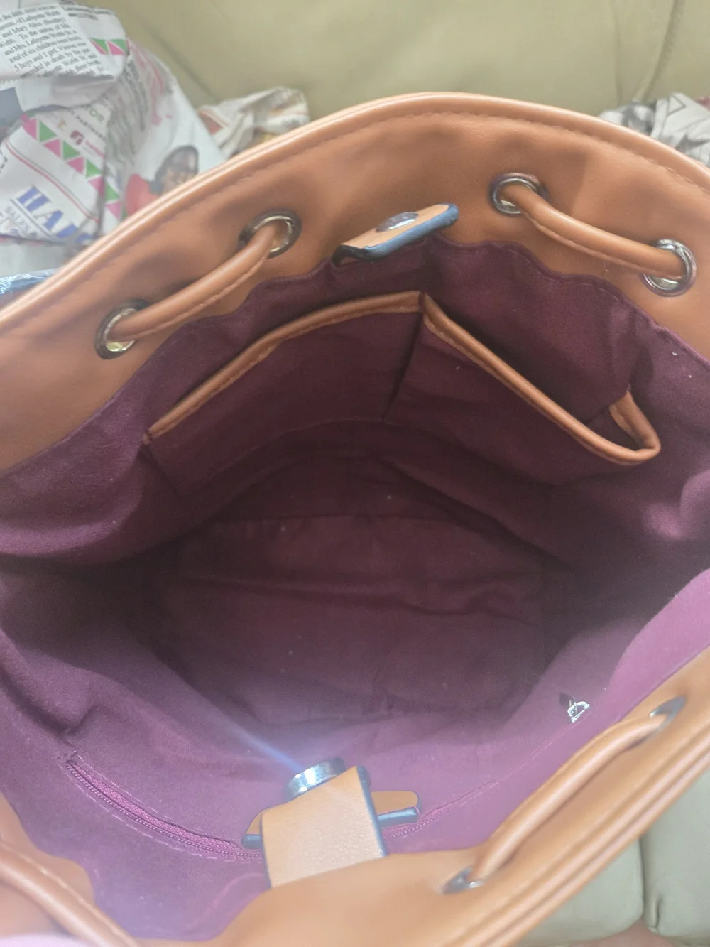 Studded Bucket Hobo Bag in Cognac - Fashion Logo Pattern